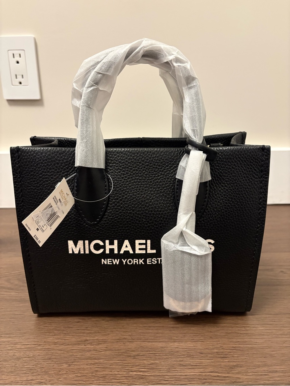 Michael Kors Black Pebbled Leather Logo Mini Tote with White Lettering